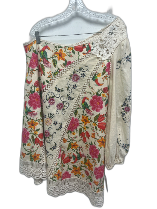 Farm Rio Size M Cream White & Multi Linen Blend One Shoulder Flora & Fauna Dress Cream White & Multi / M