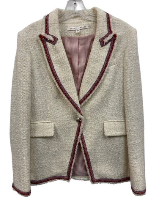 Veronica Beard Size 8 Cream, Red, Blue Cotton Blend Flap Pocket Tweed Jacket Cream, Red, Blue / 8