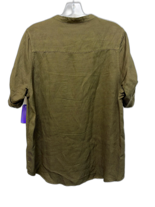 CAARA Size L Slate Green Cotton & Linen Short Sleeve Button Front V Neck Top Slate Green / L
