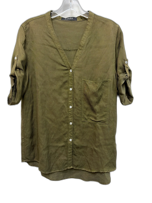 CAARA Size L Slate Green Cotton & Linen Short Sleeve Button Front V Neck Top Slate Green / L
