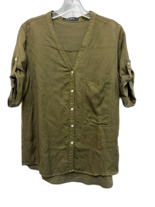 CAARA Size L Slate Green Cotton & Linen Short Sleeve Button Front V Neck Top Slate Green / L