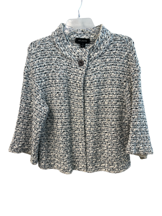 St. John Size 10 Blue Wool Blend Tweed Metallic Thread One Button Crop Jacket Blue / 10