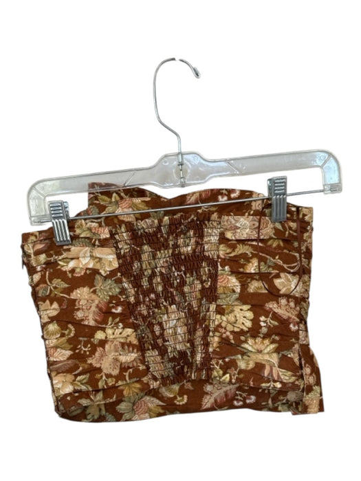 Sezane Size 34/XS Brown & Tan Linen & Cotton Strapless Botanical Ruffles Top Brown & Tan / 34/XS