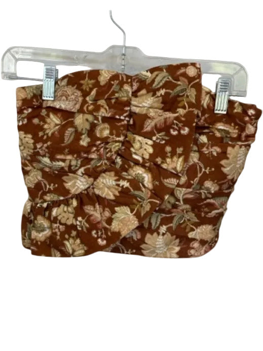 Sezane Size 34/XS Brown & Tan Linen & Cotton Strapless Botanical Ruffles Top Brown & Tan / 34/XS