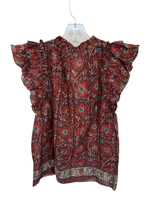 Ulla Johnson Size 10 Rust & Teal Print Cotton & Viscose Flutter Sleeves Top Rust & Teal Print / 10