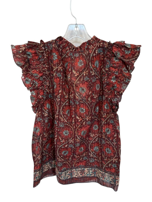 Ulla Johnson Size 10 Rust & Teal Print Cotton & Viscose Flutter Sleeves Top Rust & Teal Print / 10