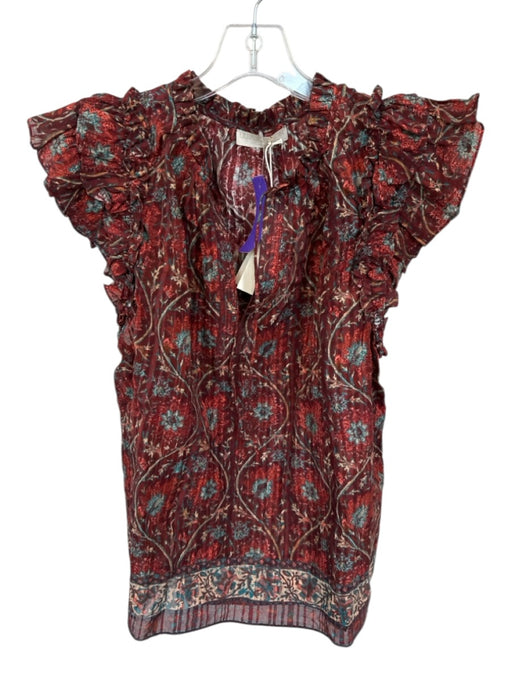 Ulla Johnson Size 10 Rust & Teal Print Cotton & Viscose Flutter Sleeves Top Rust & Teal Print / 10