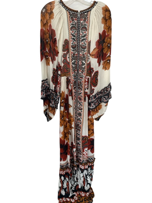 Farm Rio Size XS Cream & Rust Long Balloon Sleeve Flowers Back Zip Maxi Dress Cream & Rust / XS