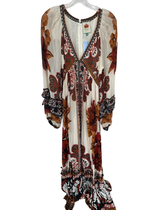 Farm Rio Size XS Cream & Rust Long Balloon Sleeve Flowers Back Zip Maxi Dress Cream & Rust / XS