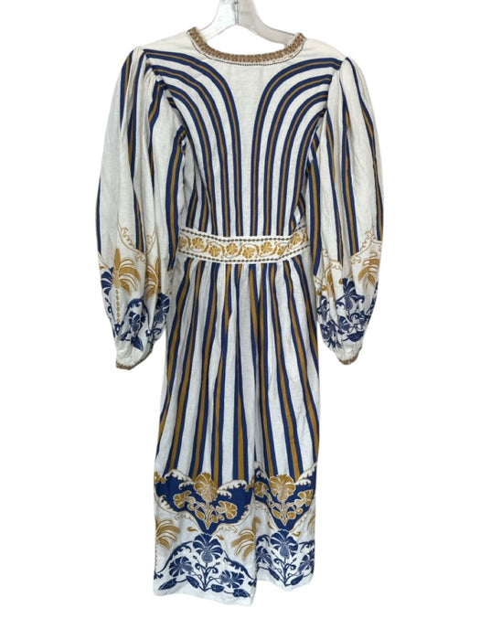 Farm Rio Size XS White & Navy Linen Blend Long Balloon Sleeve Striped Dress White & Navy / XS