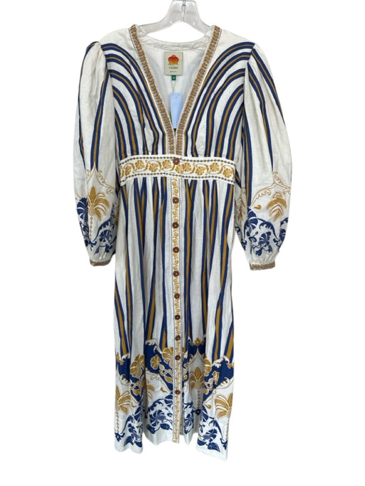 Farm Rio Size XS White & Navy Linen Blend Long Balloon Sleeve Striped Dress White & Navy / XS