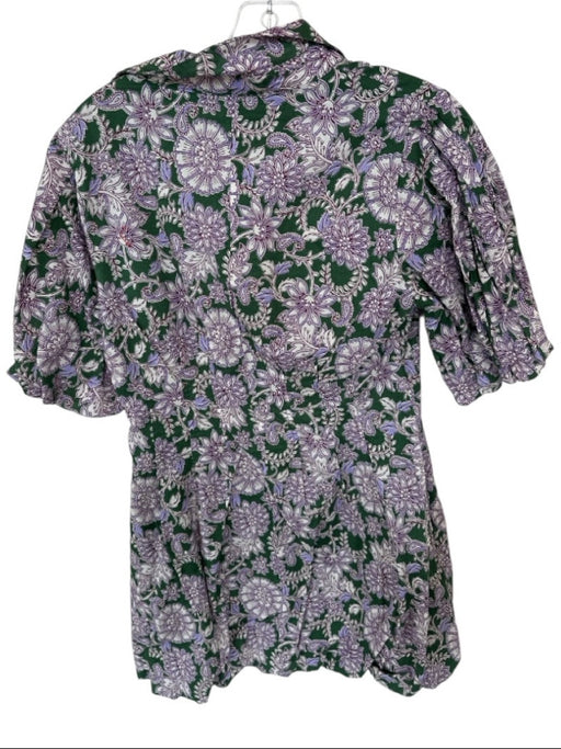 Olivaceous Size M Green & Purple Cotton 3/4 Balloon Sleeve Flowers Collar Dress Green & Purple / M