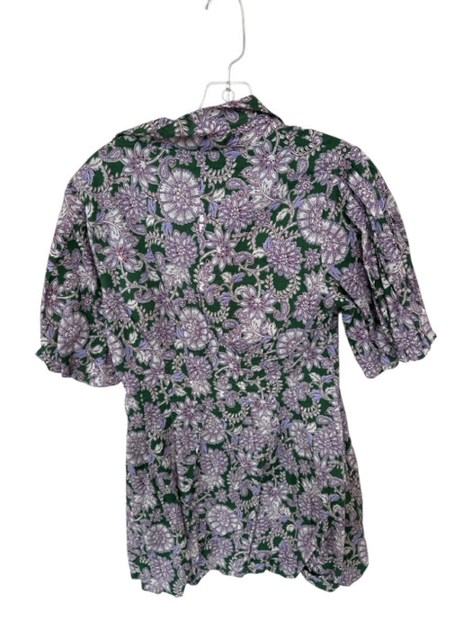 Olivaceous Size M Green & Purple Cotton 3/4 Balloon Sleeve Flowers Collar Dress Green & Purple / M