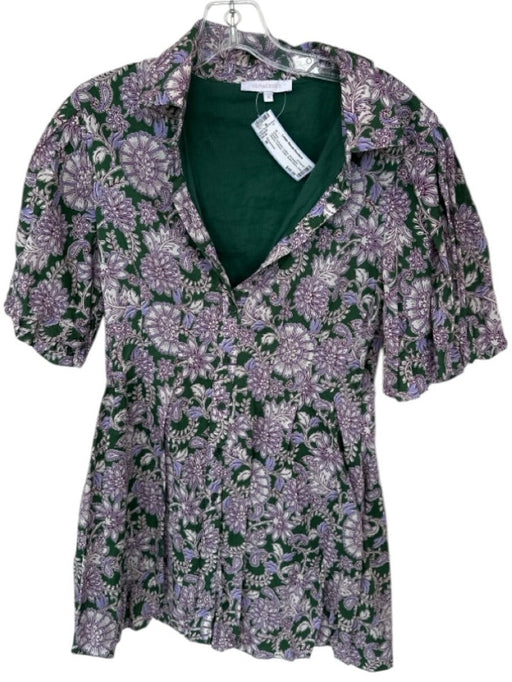 Olivaceous Size M Green & Purple Cotton 3/4 Balloon Sleeve Flowers Collar Dress Green & Purple / M