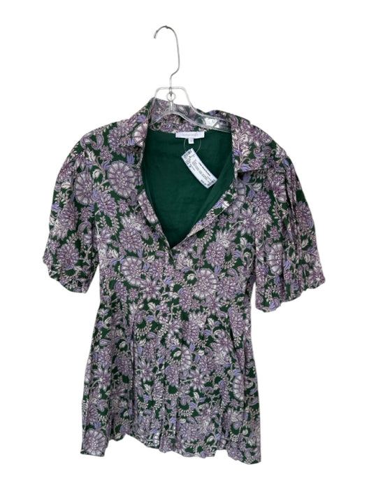 Olivaceous Size M Green & Purple Cotton 3/4 Balloon Sleeve Flowers Collar Dress Green & Purple / M