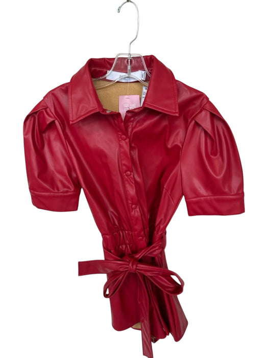 EB Luxe Size S Red Vegan Leather Short Sleeve Smocked Waist Snap Buttons Romper Red / S