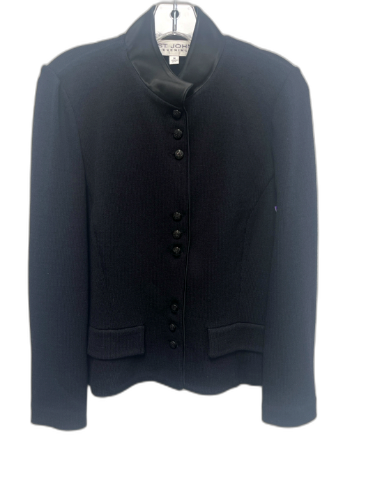 St. John Evening Size 14 Black Knit Satin Detail Button Up Blazer Jacket Black / 14