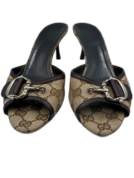 Gucci Shoe Size 39 Brown & Tan Canvas & Leather Horsebit Guccissima Mule Sandals Brown & Tan / 39