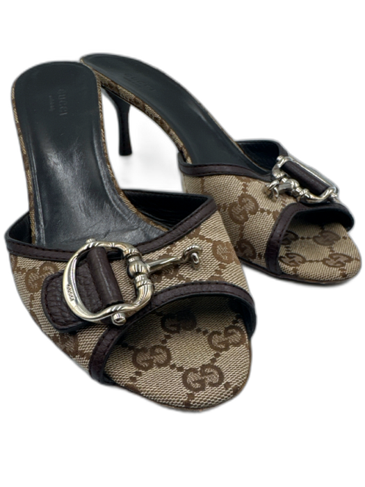 Gucci Shoe Size 39 Brown & Tan Canvas & Leather Horsebit Guccissima Mule Sandals Brown & Tan / 39