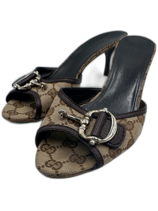 Gucci Shoe Size 39 Brown & Tan Canvas & Leather Horsebit Guccissima Mule Sandals Brown & Tan / 39