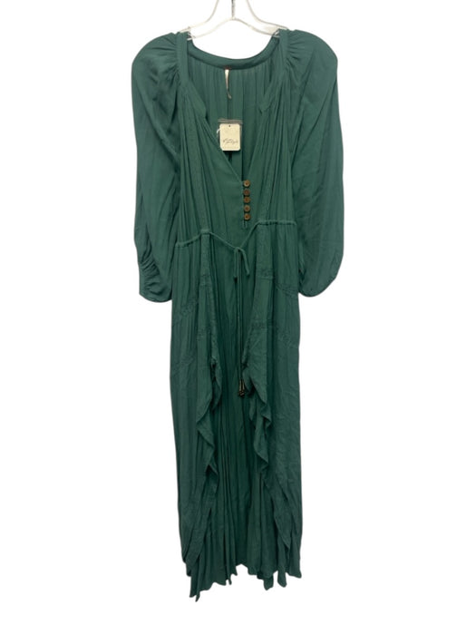 Free People Size XS Dusty Green Viscose Long Sleeve Gauze Lace Trim Dress Dusty Green / XS