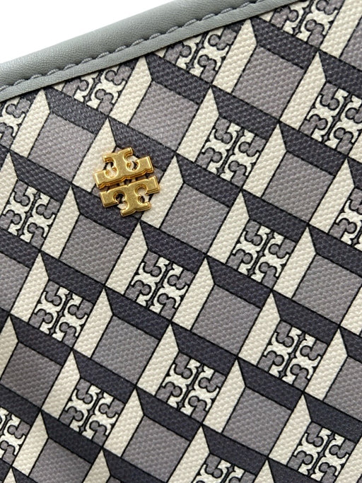 Tory Burch Gray & White Coated Canvas Top Handle Logo Gold Hardware Tote Bag Gray & White / Large