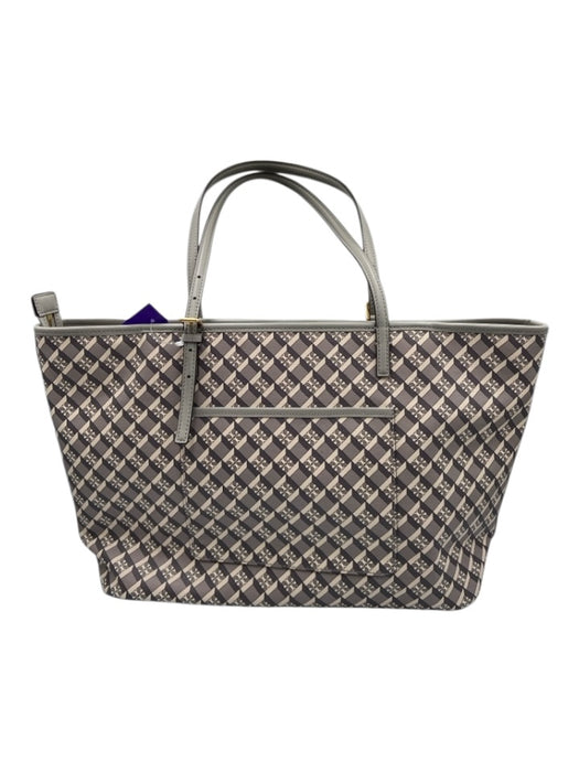 Tory Burch Gray & White Coated Canvas Top Handle Logo Gold Hardware Tote Bag Gray & White / Large