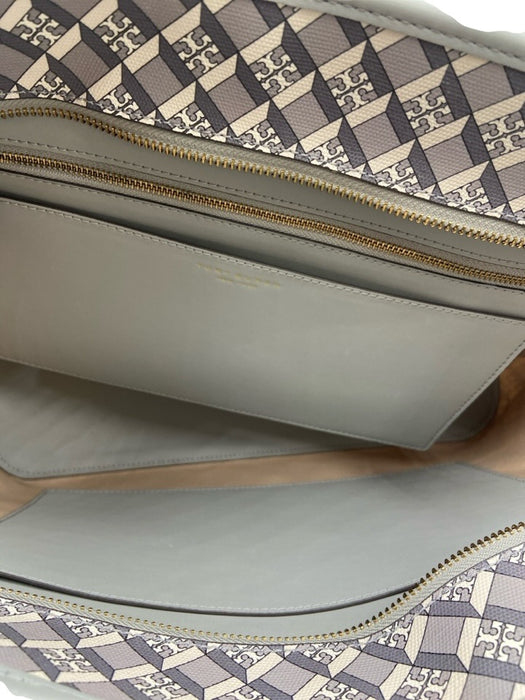 Tory Burch Gray & White Coated Canvas Top Handle Logo Gold Hardware Tote Bag Gray & White / Large