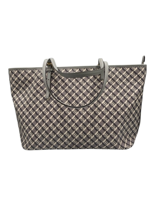 Tory Burch Gray & White Coated Canvas Top Handle Logo Gold Hardware Tote Bag Gray & White / Large