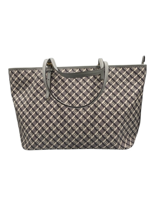 Tory Burch Gray & White Coated Canvas Top Handle Logo Gold Hardware Tote Bag Gray & White / Large