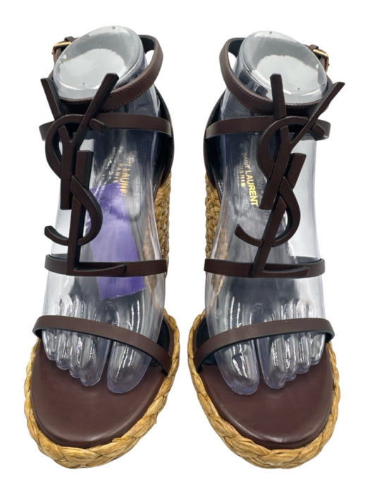Saint Laurent Shoe Size 39.5 Brown & Beige Leather & Straw Ankle Strap Sandals Brown & Beige / 39.5