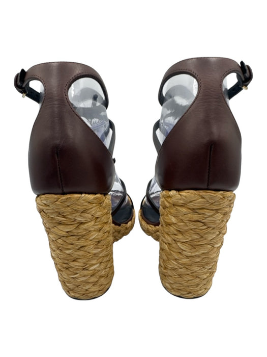 Saint Laurent Shoe Size 39.5 Brown & Beige Leather & Straw Ankle Strap Sandals Brown & Beige / 39.5