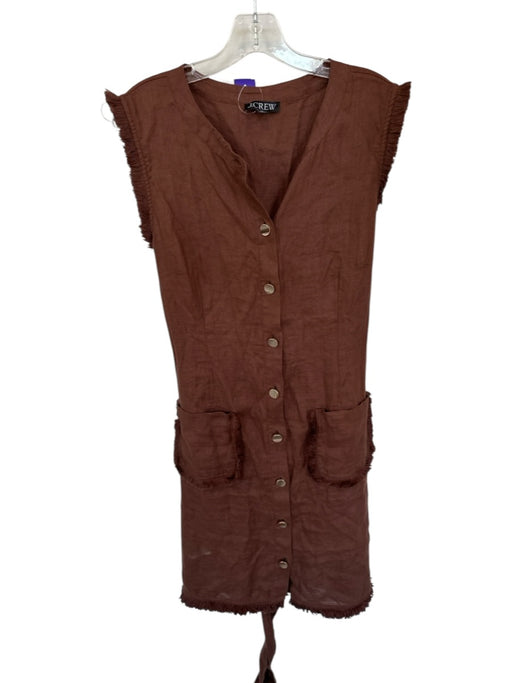 J. Crew Size XL Brown & Gold Linen Sleeveless Raw Hem Button Down Belted Dress Brown & Gold / XL