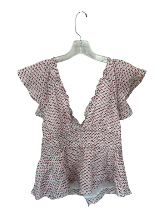 J. Crew Size L White & Red Ramie Flutter Sleeves Flowers Lace Trim Top White & Red / L