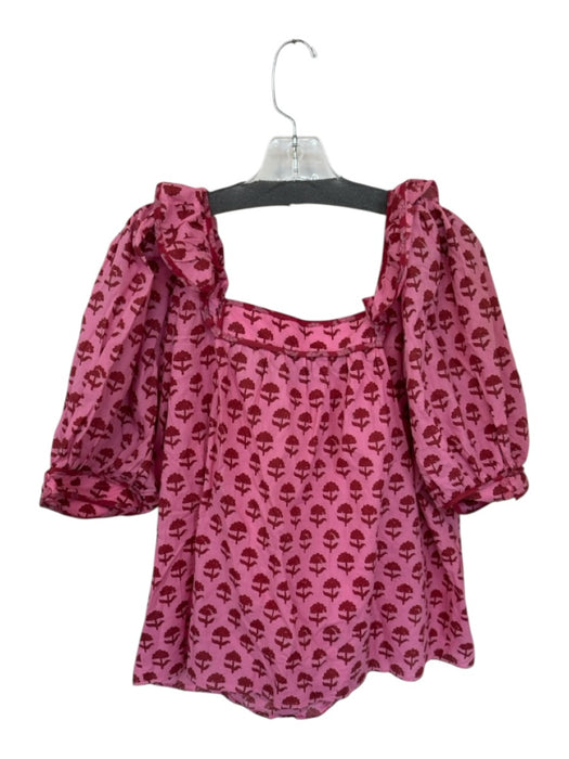 Ophelia & Indigo Size L Pink & Red Cotton Long Balloon Sleeve Flowers Top Pink & Red / L