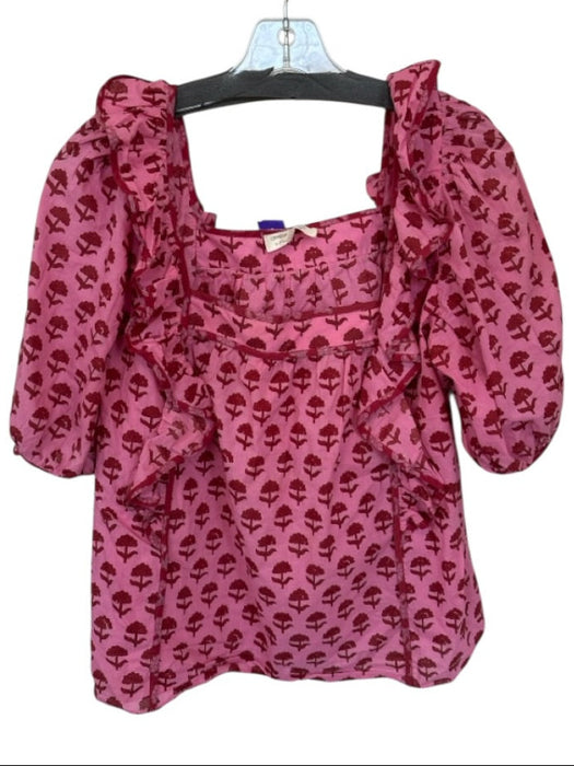 Ophelia & Indigo Size L Pink & Red Cotton Long Balloon Sleeve Flowers Top Pink & Red / L