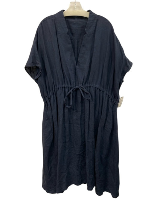 Serena & Lily Size One Size Blue Linen Cap Sleeve Cinch Waist Split V neck Dress Blue / One Size