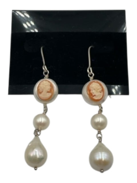 Amedeo Silver Tone Metal Pearl Cameo Dangle Fish Hook Back Earrings Silver Tone