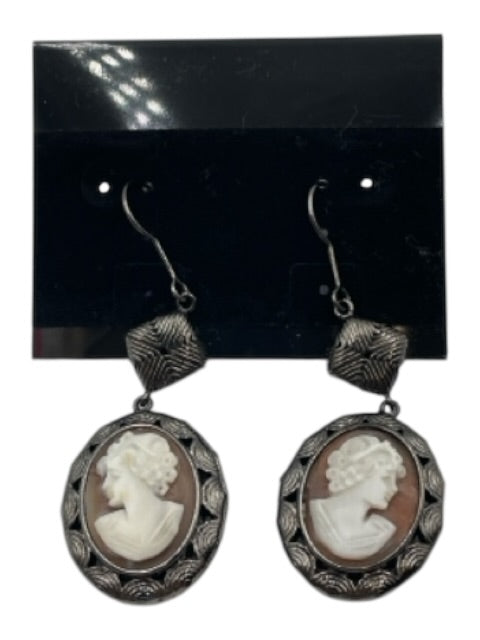 Amedeo Gunmetal & White Metal Carved Shell Cameo Dangle Fish Hook Back Earrings Gunmetal & White