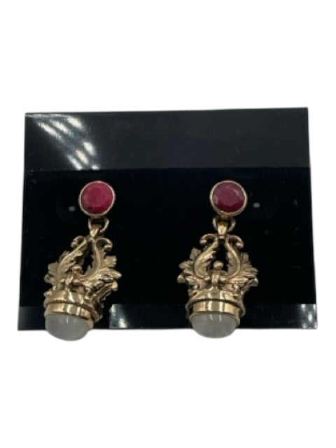 Nicky Butler Gold Tone & Red Metal Faceted Stone Dangle Post Back Earrings Gold Tone & Red