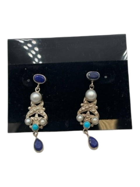 Nicky Butler Silver & Blue 925 Sterling Silver Stone Dangle Post Back Earrings Silver & Blue