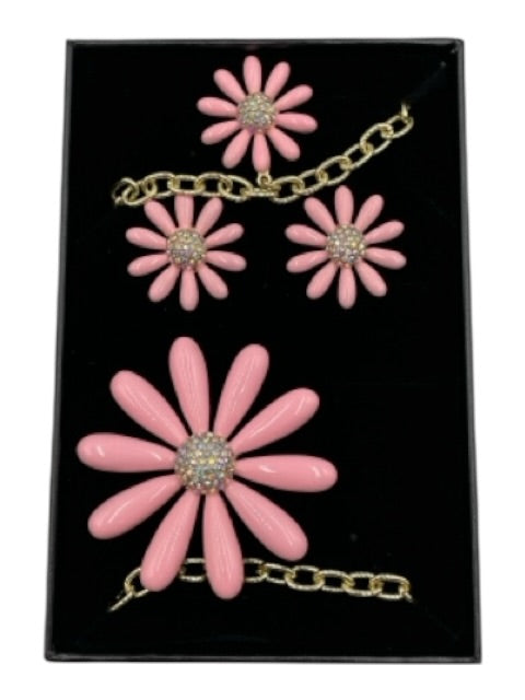 Heidi Daus Pink Enamel & Crystal Metal chain Flower 4 Piece Jewelry Set Pink