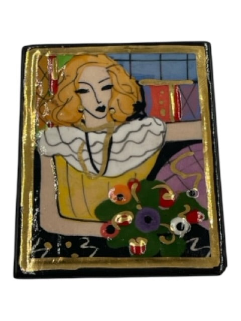 Laura Mostaghel Black, Gold & Multi Ceramic Rectangle Portrait Pin Back Brooch Black, Gold & Multi