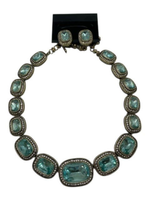 Heidi Daus Gold Tone & Blue Metal Rhinestone Crystal Cushion Cut Jewelry Set Gold Tone & Blue