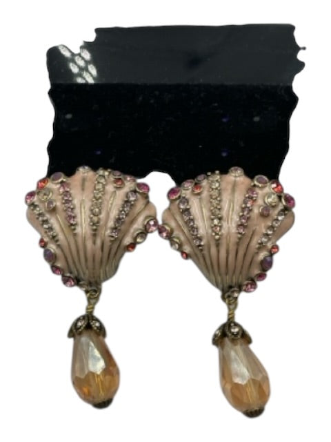 Heidi Daus Gold Tone & Pink Metal Enamel Shell Dangle Post Back Earrings Gold Tone & Pink