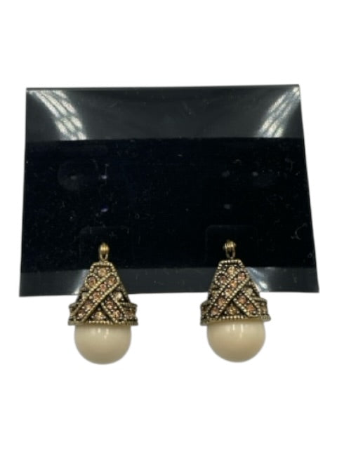 Heidi Daus Gold Tone & White Metal Rhinestone Bead Dangle Hinge Clasp Earrings Gold Tone & White