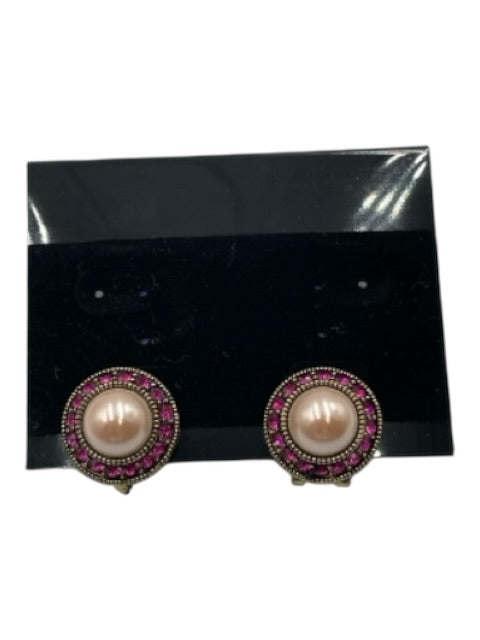 Heidi Daus Gold Tone & Pink Metal Rhinestone Bead Stud Post Back Earrings Gold Tone & Pink