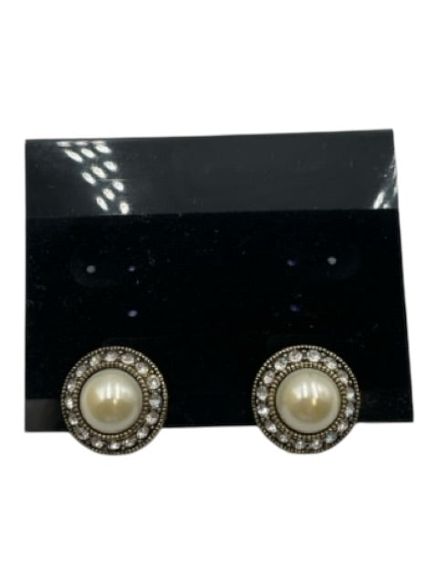 Heidi Daus Gold Tone & White Metal Rhinestone Bead Stud Post Back Earrings Gold Tone & White