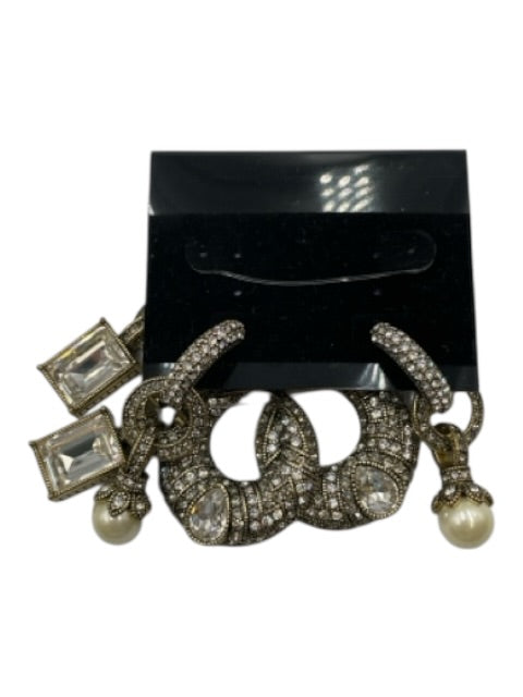 Heidi Daus Gold Tone & White Metal Rhinestone Bead Dangle Post Back Earrings Gold Tone & White