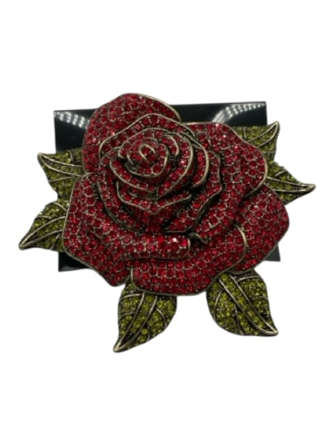 Heidi Daus Gold Tone, Red & Green Antiqued Metal Rhinestone Rose Pin Back Brooch Gold Tone, Red & Green